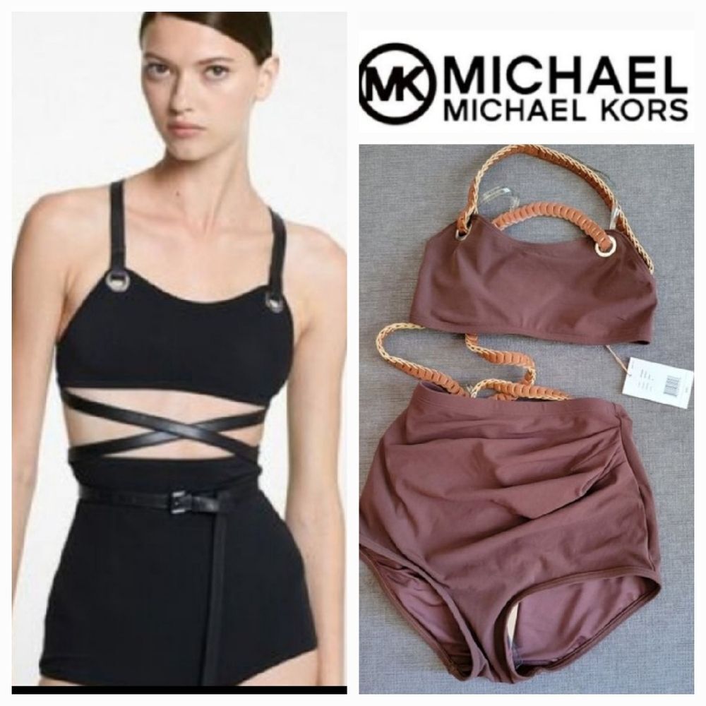 Michael Kors Women Brown Collection Swimsuit Crepe Belted Bikini Set Siz